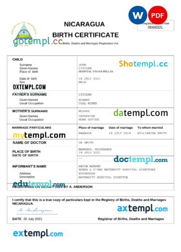 editable template, Nicaragua vital record birth certificate Word and PDF template, completely editable
