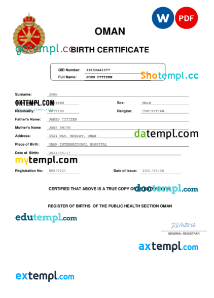 editable template, Oman birth certificate Word and PDF template, completely editable