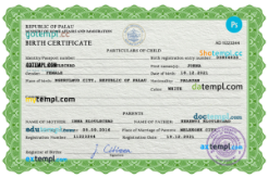 editable template, Palau birth certificate PSD template, completely editable