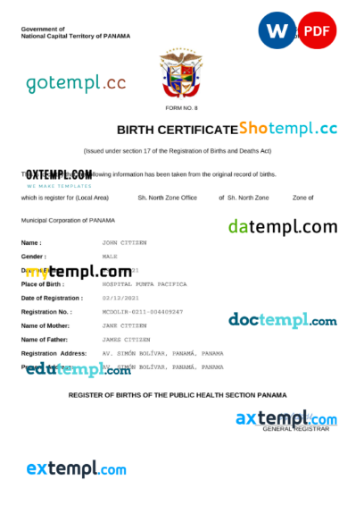editable template, Panama birth certificate Word and PDF template, completely editable