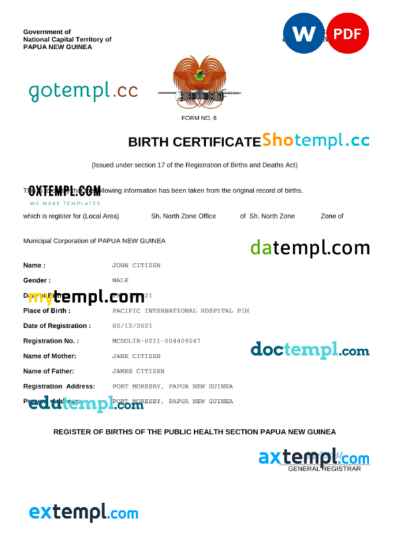 editable template, Papua New Guinea vital record birth certificate Word and PDF template, completely editable