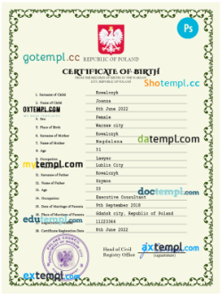 editable template, Poland vital record birth certificate PSD template