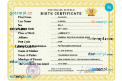 editable template, Portugal vital record birth certificate PSD template, fully editable