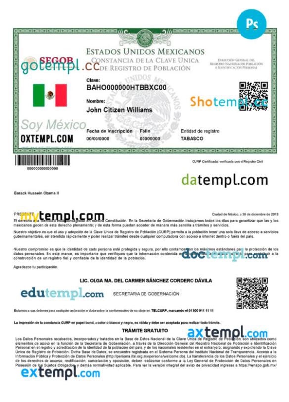 editable template, Mexico Registro de Poblacion de Mexico (CURP number) PSD template, version 2