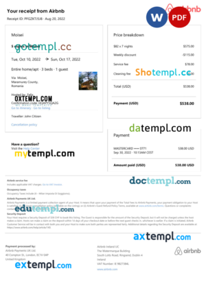 Romania Airbnb booking confirmation Word and PDF template