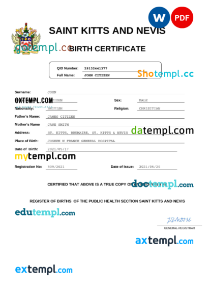 editable template, Saint Kitts and Nevis vital record birth certificate Word and PDF template, completely editable