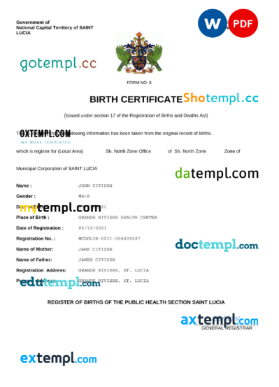 editable template, Saint Lucia birth certificate Word and PDF template, completely editable
