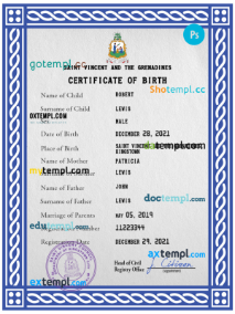 editable template, Saint Vincent and the Grenadines birth certificate PSD template, completely editable