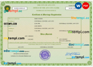 # green universal marriage certificate Word and PDF template, fully editable