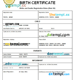editable template, Japan birth certificate Word and PDF template, completely editable