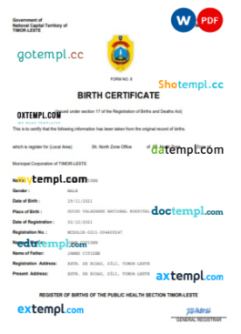 editable template, Timor-Leste birth certificate Word and PDF template, completely editable
