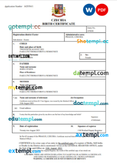 editable template, Czechia vital record birth certificate Word and PDF template, completely editable