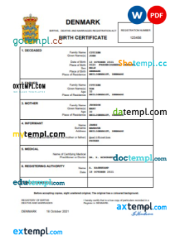 editable template, Denmark vital record birth certificate Word and PDF template, completely editable