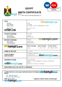 editable template, Egypt birth certificate Word and PDF template, completely editable