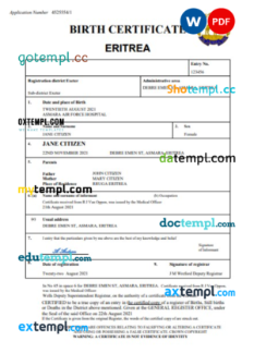 Eritrea vital record birth certificate Word and PDF template, completely editable