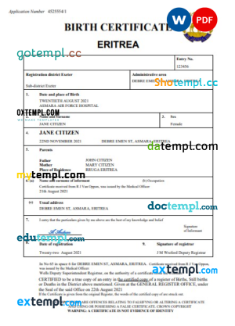 editable template, Eritrea vital record birth certificate Word and PDF template, completely editable