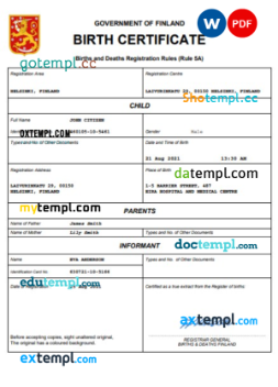 editable template, Finland vital record birth certificate Word and PDF template, completely editable