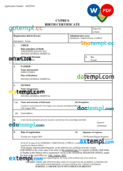 editable template, Cyprus birth certificate Word and PDF template, completely editable