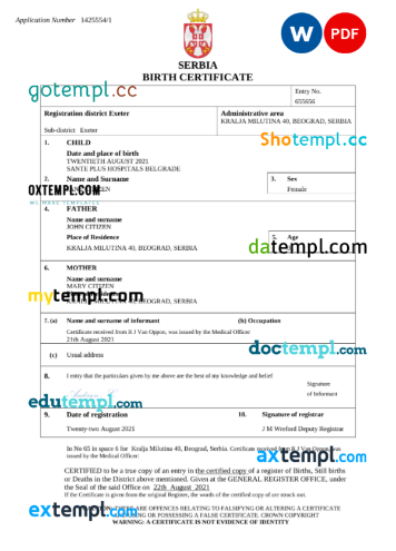 editable template, Serbia birth certificate Word and PDF template, completely editable