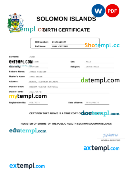 editable template, Solomon Islands vital record birth certificate Word and PDF template, completely editable