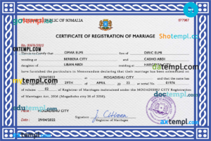 Somalia marriage certificate PSD template, fully editable