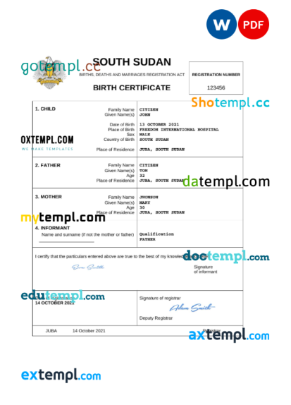 editable template, South Sudan vital record birth certificate Word and PDF template, completely editable