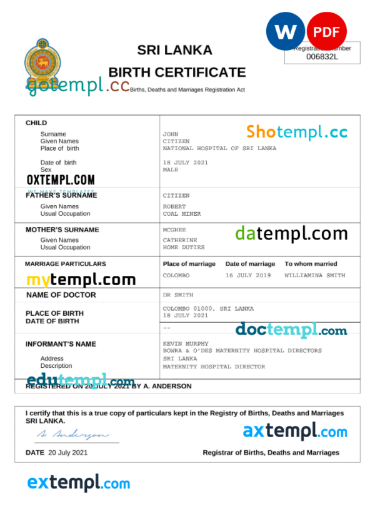 editable template, Sri Lanka vital record birth certificate Word and PDF template, completely editable