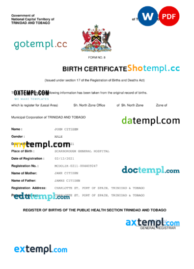 editable template, Trinidad & Tobago birth certificate Word and PDF template, completely editable