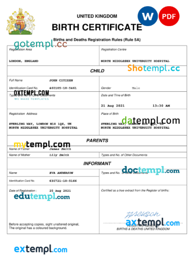 editable template, United Kingdom vital record birth certificate Word and PDF template, completely editable