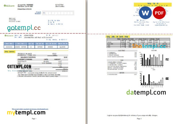 editable template, USA California Palo Alto utility bill, Word and PDF template, 2 pages