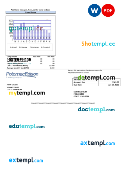 editable template, USA Maryland Potomac Edison utility bill, Word and PDF template, 2 pages - Image 2