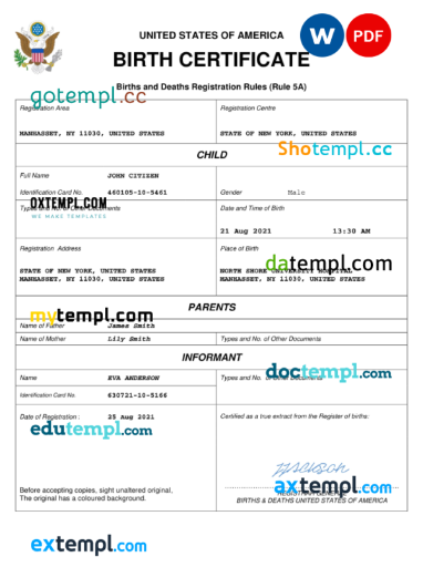 editable template, USA birth certificate Word and PDF template, completely editable