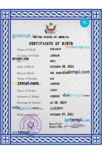 editable template, United States of America vital record birth certificate PSD template, fully editable