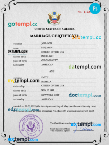 editable template, United States of America marriage certificate PSD template, completely editable