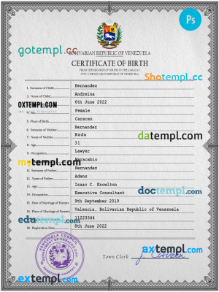editable template, Venezuela vital record birth certificate PSD template