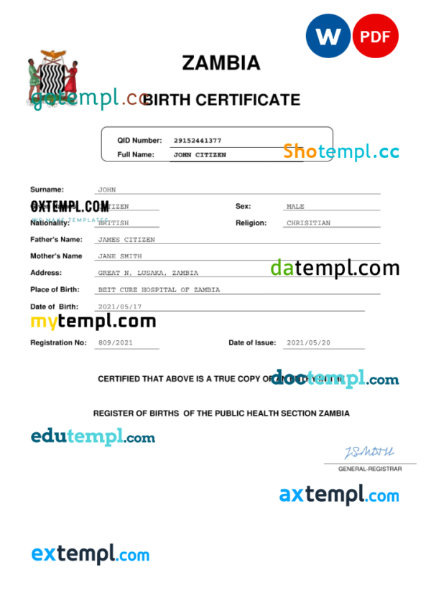 editable template, Zambia birth certificate Word and PDF template, completely editable