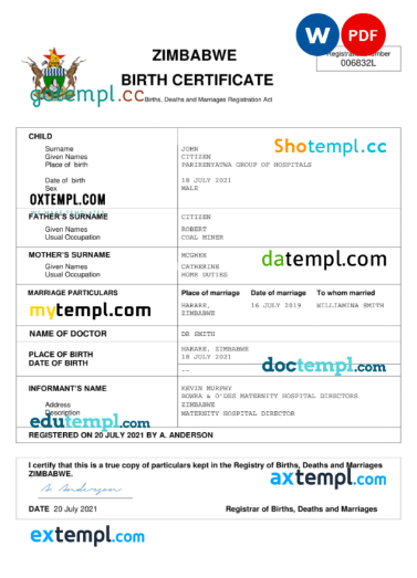 editable template, Zimbabwe vital record birth certificate Word and PDF template, completely editable