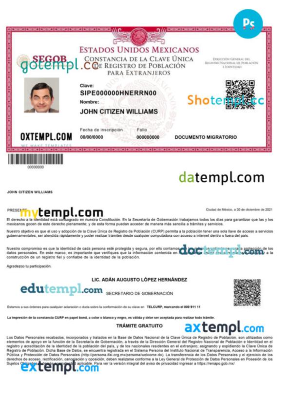editable template, Mexico Registro de Poblacion de Mexico (CURP number) PSD template, fully editable