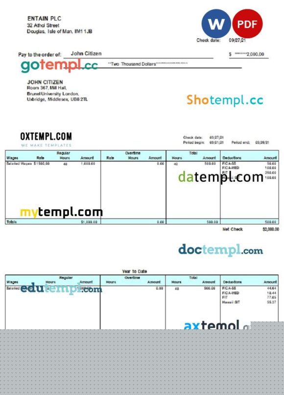 editable template, United Kingdom pay stub template in Word and PDF format, fully editable