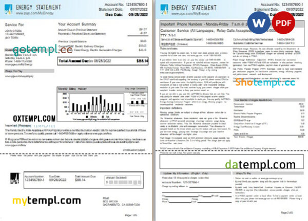 editable template, USA California PG&E (Pacific Gas and Electric Company) utility bill, Word and PDF template, 6 pages