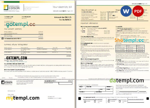 editable template, USA Southern California EDISON utility bill, Word and PDF template, 8 pages