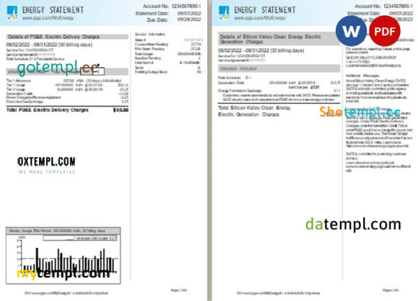 editable template, USA California PG&E (Pacific Gas and Electric Company) utility bill, Word and PDF template, 6 pages