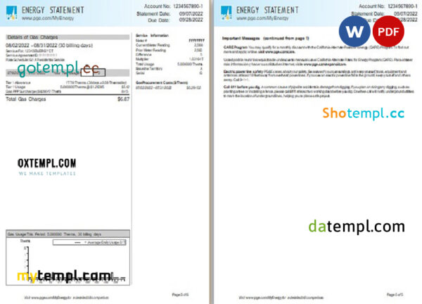 editable template, USA California PG&E (Pacific Gas and Electric Company) utility bill, Word and PDF template, 6 pages