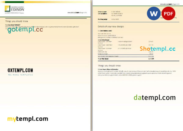editable template, USA Southern California EDISON utility bill, Word and PDF template, 8 pages - Image 3