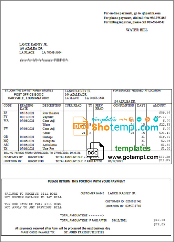 editable template, USA Louisiana St. John the Baptist Parish water bill in Word and PDF format