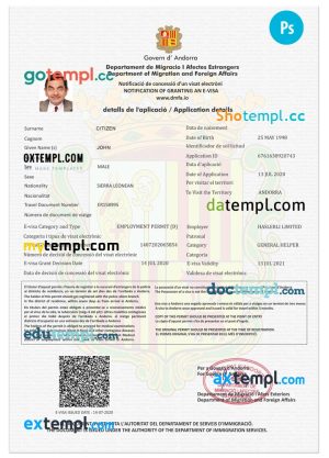 editable template, ANDORRA E-visa PSD template, completely editable, with fonts