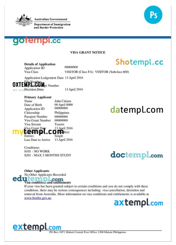 editable template, AUSTRALIA E-visa PSD template, completely editable, with fonts