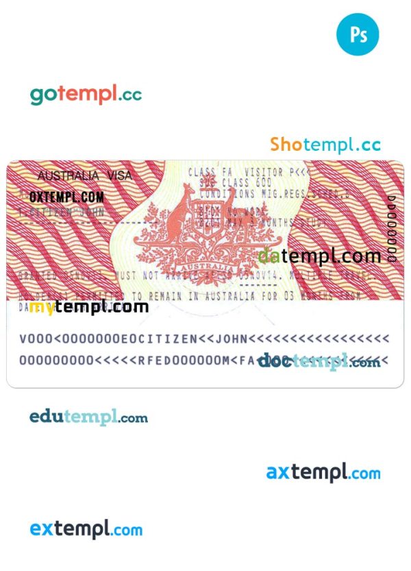editable template, AUSTRALIA Visa PSD template, with fonts