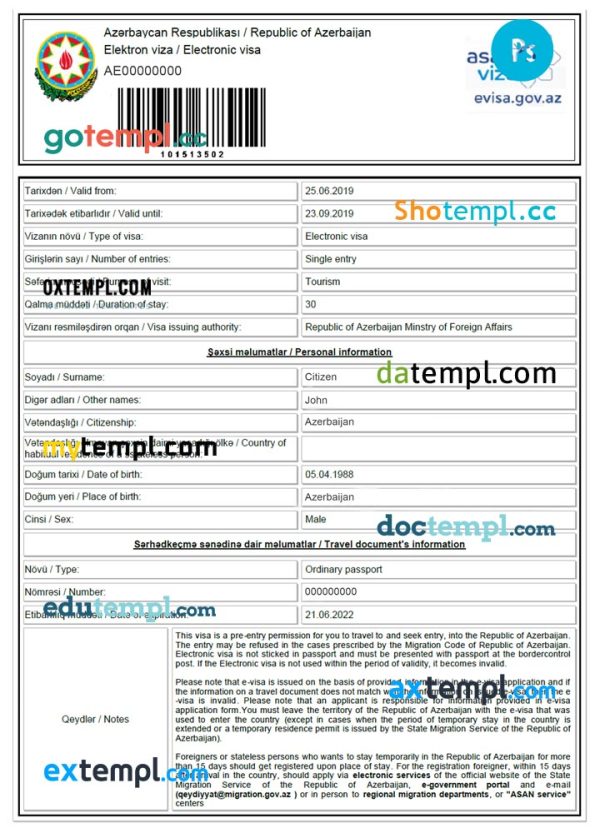 editable template, AZERBAIJAN Electronic Visa PSD template, completely editable, with fonts