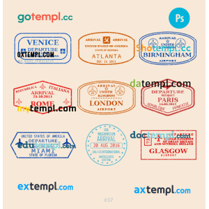 Atlanta London Glasgow travel stamp collection template of 9 PSD designs, with fonts